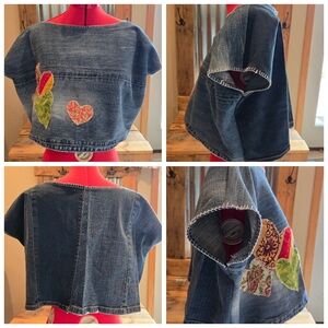 Upcycled Denim Patch Crop Top L-XL Handmade Dont Throw It Out